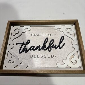 Thankful Grateful Blessed Wooden Wall Sign - Neutral White and Brown